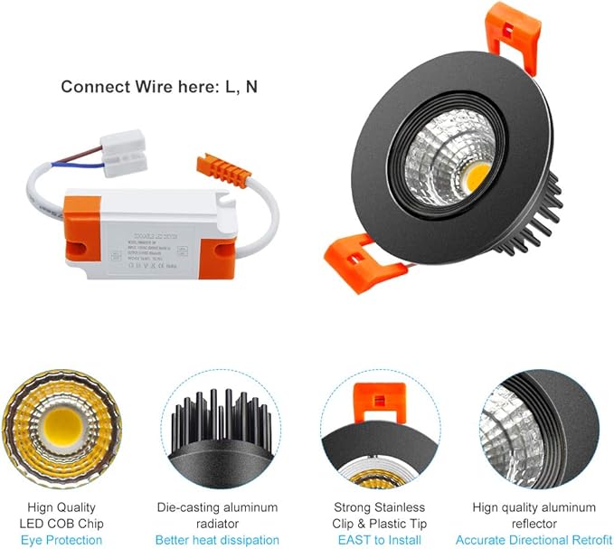 2 Inch Downlight, 3W Recessed LED Lighting COB Dimmable, 5000K Daylight White, CRI80, Black Trim, Ceiling Lights With Driver, 1 Pack