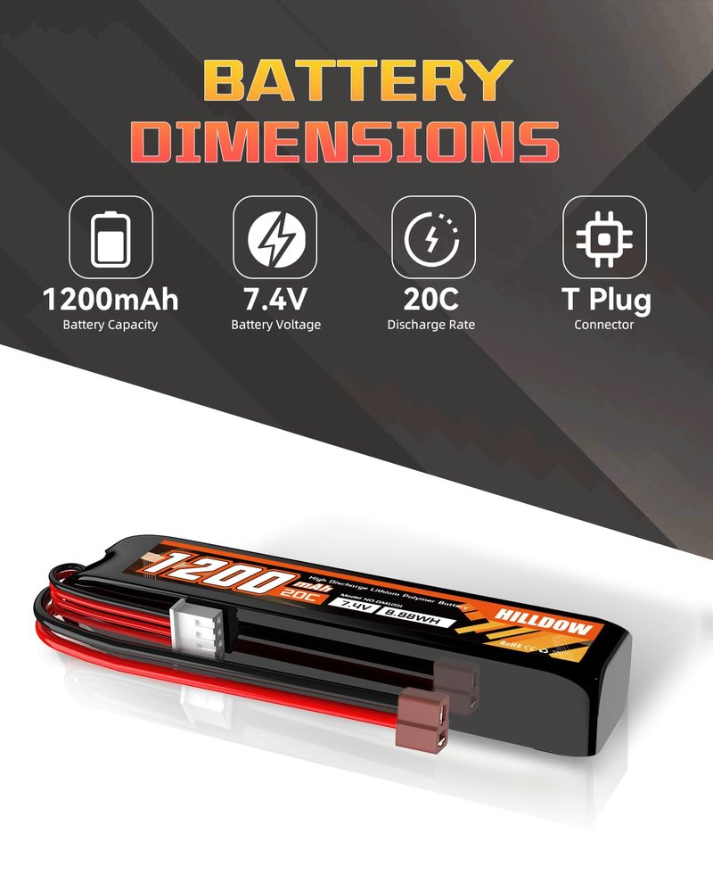 Hilldow 7.4V Lipo Battery 1200mAh 2S Rechargeable 20C Airsoft Battery with T Plug Pack Battery for Airsoft Guns Model Rifle