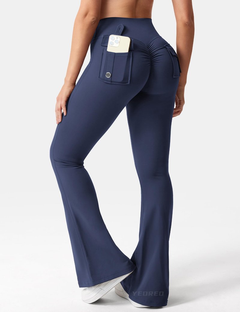 YEOREO CoreFlex Flare Leggings with Pockets for Women Scrunch Workout Leggings Butt Lifting Gym Yoga Pants Navy Blue