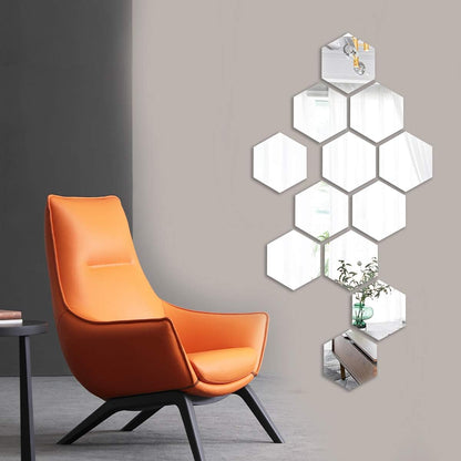 MCLEULLA 12 Pcs Acrylic Mirror Wall Stickers Hexagon Plastic Wall Stickers for Home Decor Living Room Bedroom Over Sofa or TV Gold (silver)