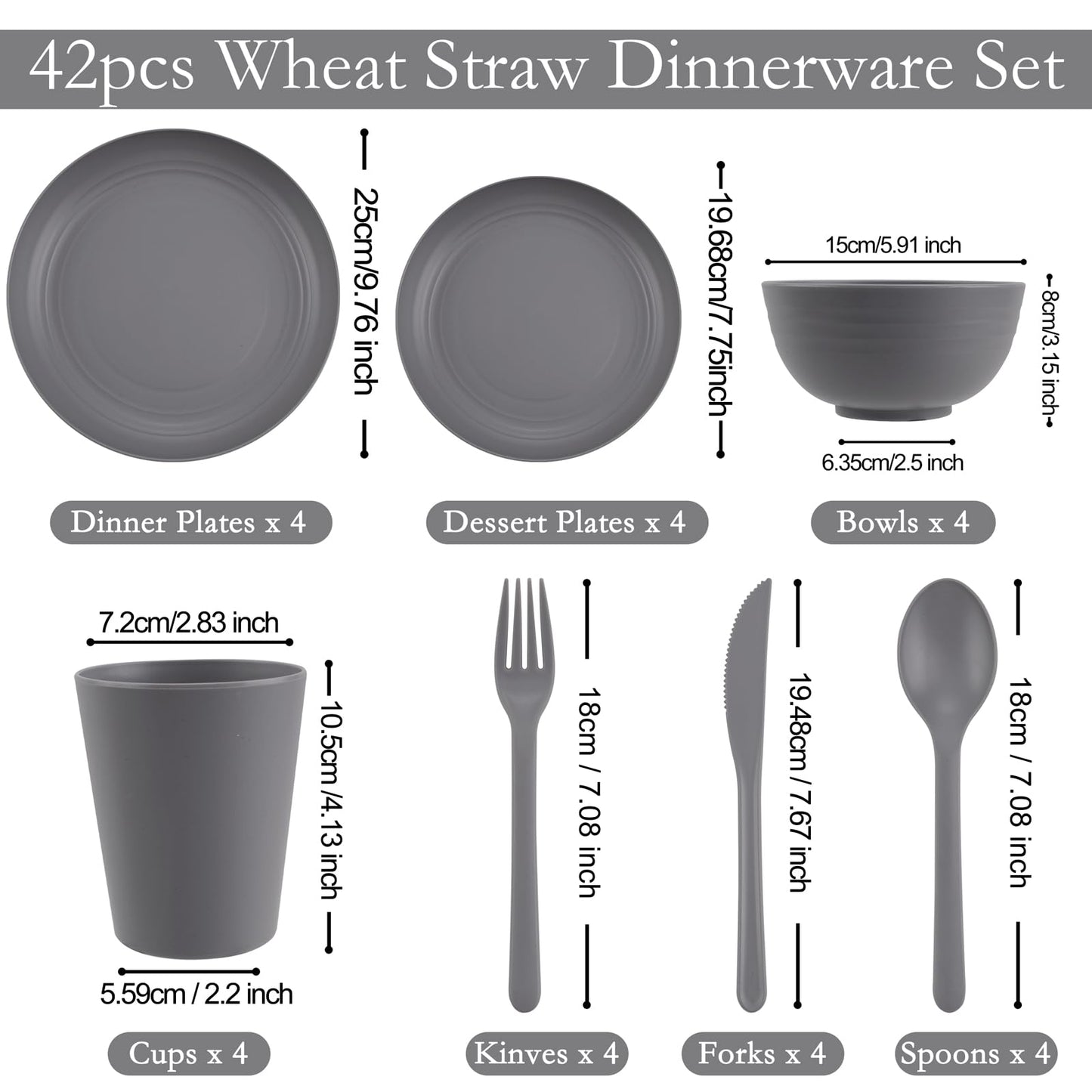 EI 42pcs Wheat Straw Dinnerware Set,Reusable Plastic Plates Unbreakable,Plates and Bowls Sets for College Dorm Room,Camping,Picninc,Halloween