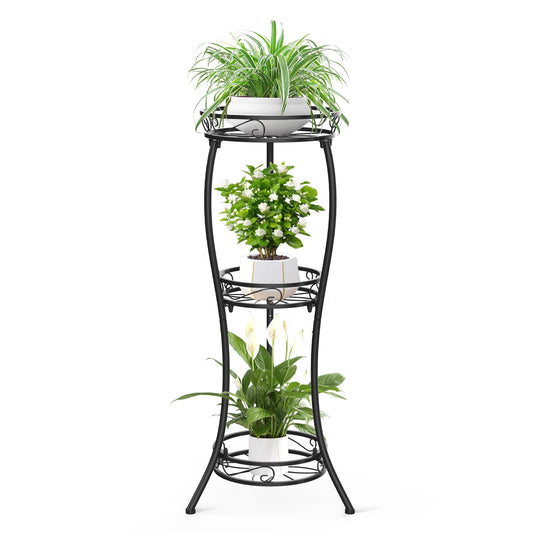 TANOSAN 3 Tier Metal Tall Plant Stand Indoor Outdoor Corner Flower Stand Plant Shelf for Multiple Plants, Multifunctional Flower Shelf for Patio Garden Balcony Living Room (Black)