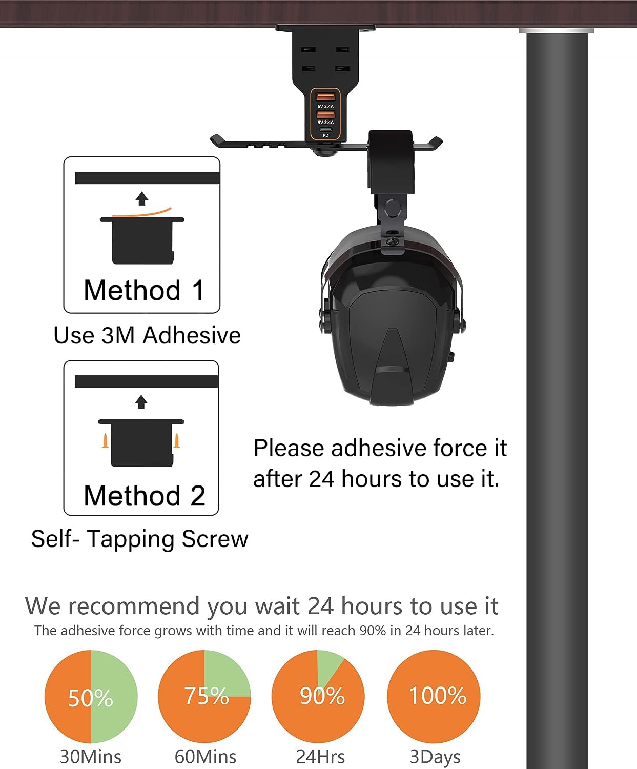 ALACOO Headset Holder for Desk, Dual Headphone Stand, PC Gaming Headphones Hanger Hook Under Desk with (QC3.0) 3 USB Charging Station & 2 AC Outlet(800W) for All Earphone Accessories Gamer Gift