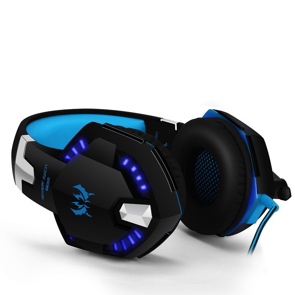 Gaming Headset with Mic for PC,PS4,Xbox One,Over-ear Headphones with Volume Control LED Light Cool Style Stereo,Noise Reduction for Laptops,Smartphone,Computer (Black & Blue)