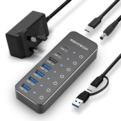 RSHTECH Powered USB Hub 3.1/3.2 Gen2, 7-Port USBC Hub with 4 USB 3.0, 10Gbps USB-A & 2 USB-C Data Ports, Aluminum USB3.2 Splitter for Laptops, PC and More (Upgraded Version, RSH-ST07C)