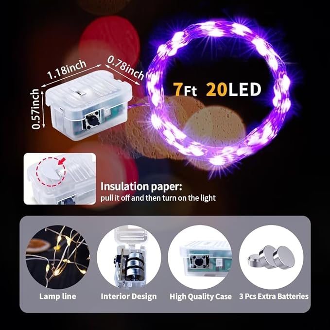 pozzolanas 12 Pack Purple Fairy Lights Battery Operated 3 Modes 7FT 20 LED Waterproof String Lights Twinkle Silver Wire for Mason Jars Wedding Christmas Halloween Party Decor (12, Purple)