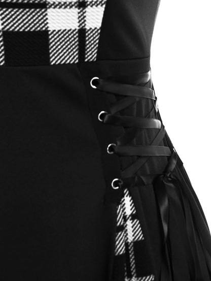 Rosegal Gothic Lace Up Plaid Half Zipper Fit and Flare Gothic Dress(White_1/2X)