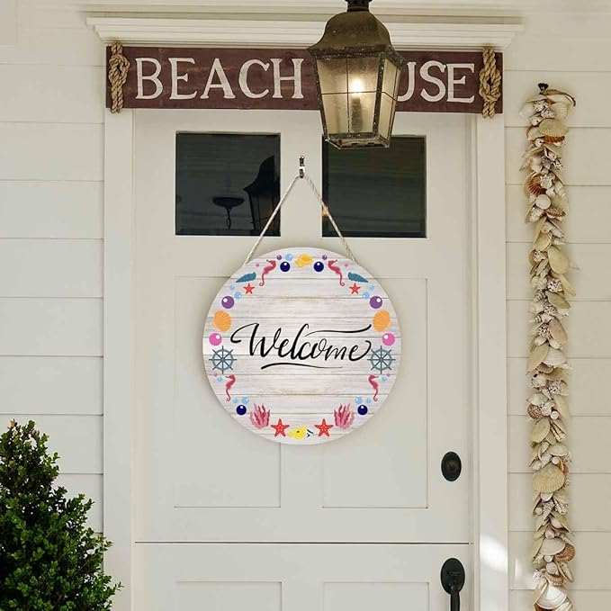 Welcome Front Door Sign Decor Nautical Marine Shell Pattern 12in Wooden Sign Suitable for Home/Wall/Porch Decoration