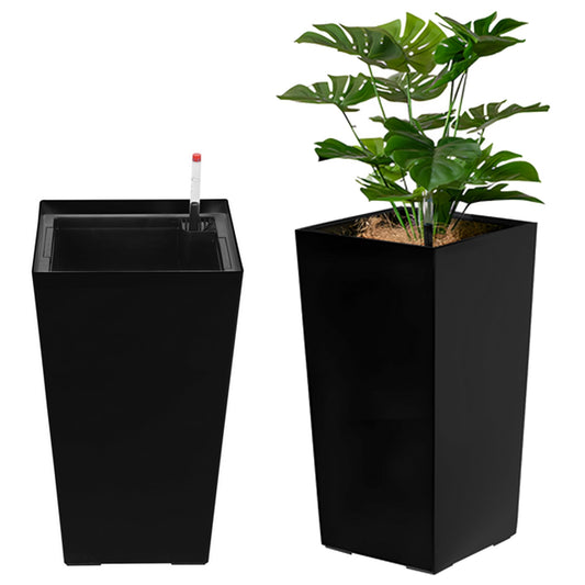 hatleues Resin Tall Planters Set of 2 Tall Flower Pot for Outdoor Indoor Plants, Flower Pots with Water Level Window & Drainage Tray, Dual-Buckle Design for Porch, Balcony, Deck,Modern Decor Black 2