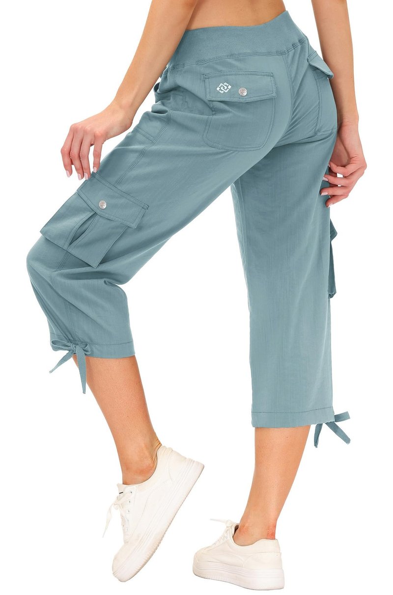 MoFiz Womens Capris with Pockets Loose Fit Casual Capri Pants Dressy Lightweight Ladies Baggy Cargo Pants for Hiking Grey Blue