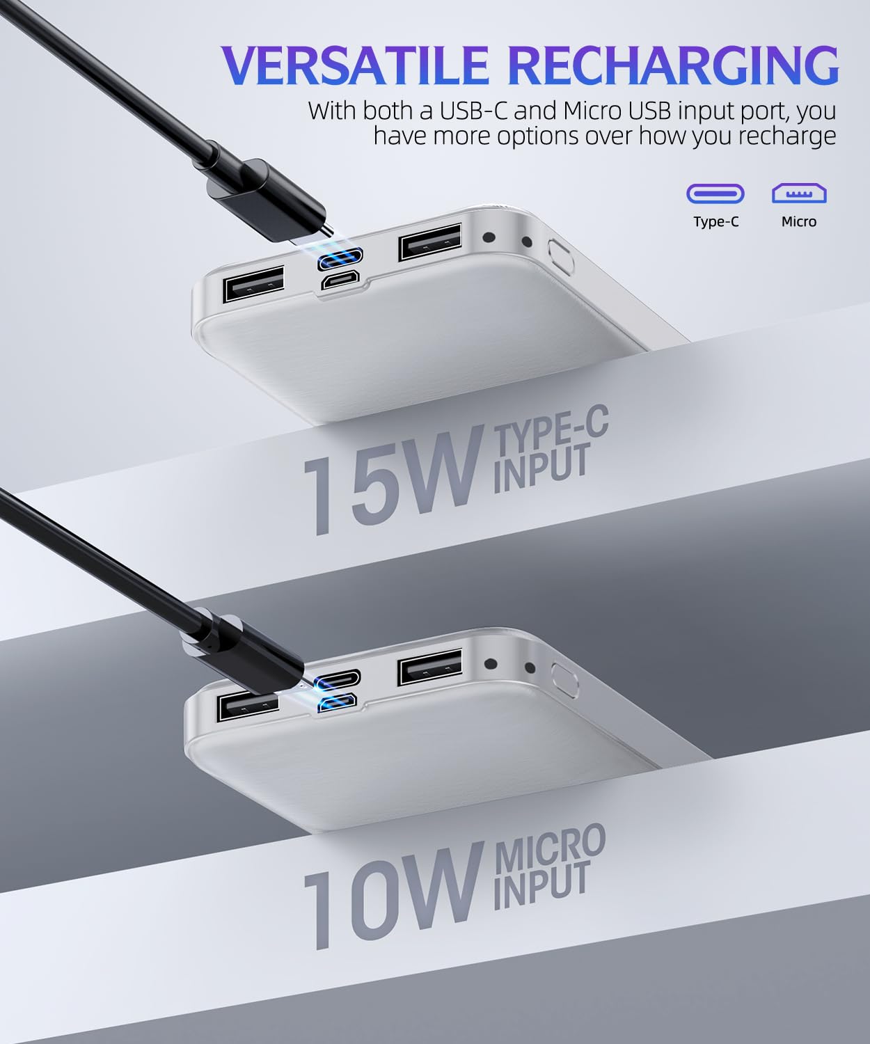 Portable Charger 2-Pack 15000mAh Power Bank Dual USB and Type-C Output 5V3.1A Fast Charger Battery Pack for iPhone 16 15 14 13 12 X Samsung S24 S23 Google iPad etc (Light Black and White)
