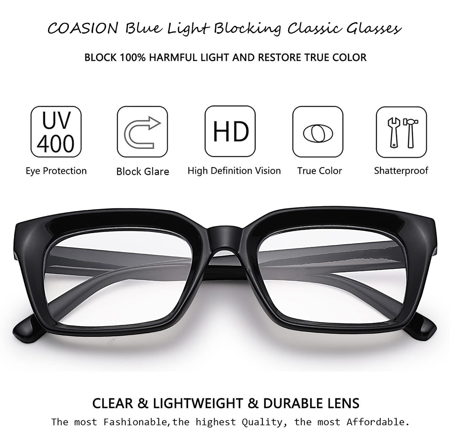 COASION Blue Light Blocking Eyeglasses Classic Thick Square Rim Frame Eyewear for Women Men (Bright Black)