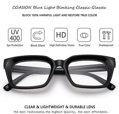 COASION Blue Light Blocking Eyeglasses Classic Thick Square Rim Frame Eyewear for Women Men (Bright Black)