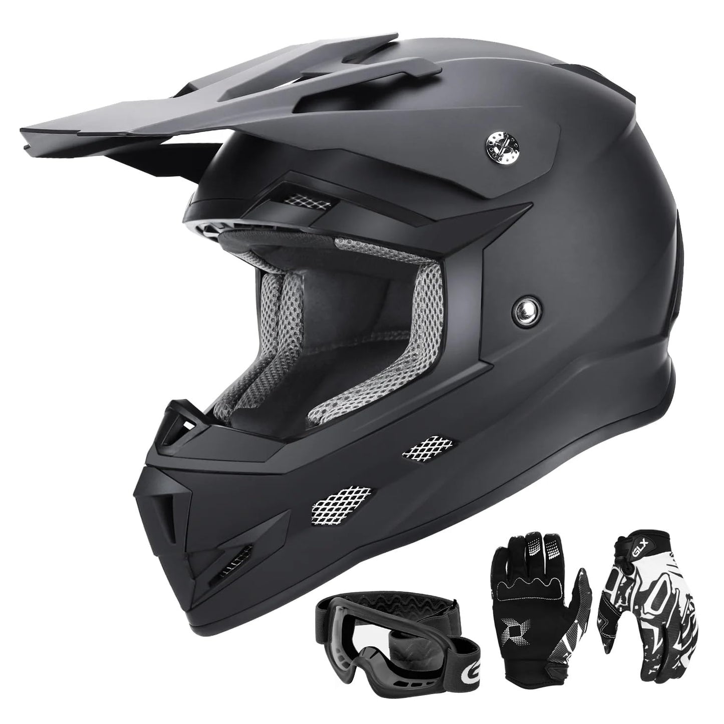 GLX GX623 Youth ATV/Dirt Bike Helmet Combo - Matte Black, Small - DOT