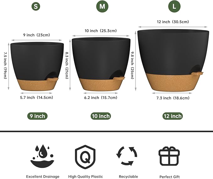 ZMTECH 9/10/12 Inch Plant Pots Sets, Selfwatering Planters with Drainage Holes Saucers for Indoor Outdoor Plants, Plastic Flower Pots for House Kitchen Window Garden(Black, 3 Pack)