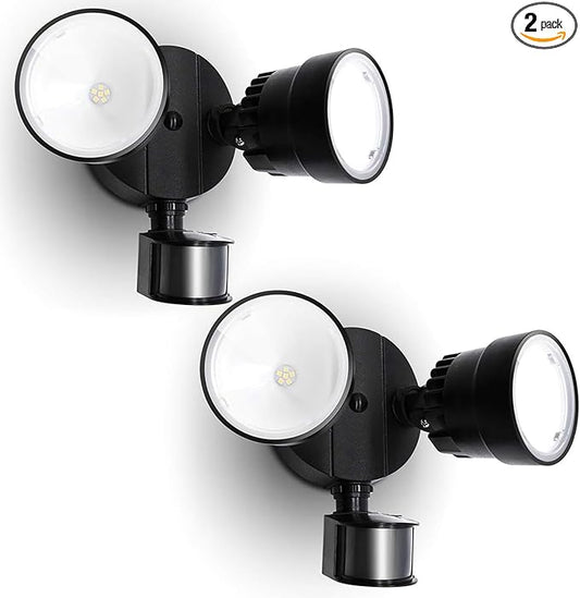LUTEC Shrimp P6221B-PIR24 2000 Lumen 18 Watt 26 LED Motion Activated Integrated Dual-Head Floodlight Outdoor, IP54 Waterproof Exterior Security Wall Light for Patio, Garden, Yard-Black, 2 Pack