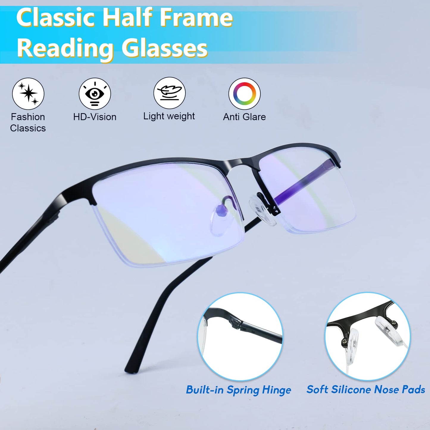Anourney Blue Light Blocking Glasses, Lightweight Metal Half Frame Computer Reading/Gaming/TV/Phones Glasses,Filter UV Ray/Computer Glare with Spring Hinge Eyeglasses(2PCS Black)