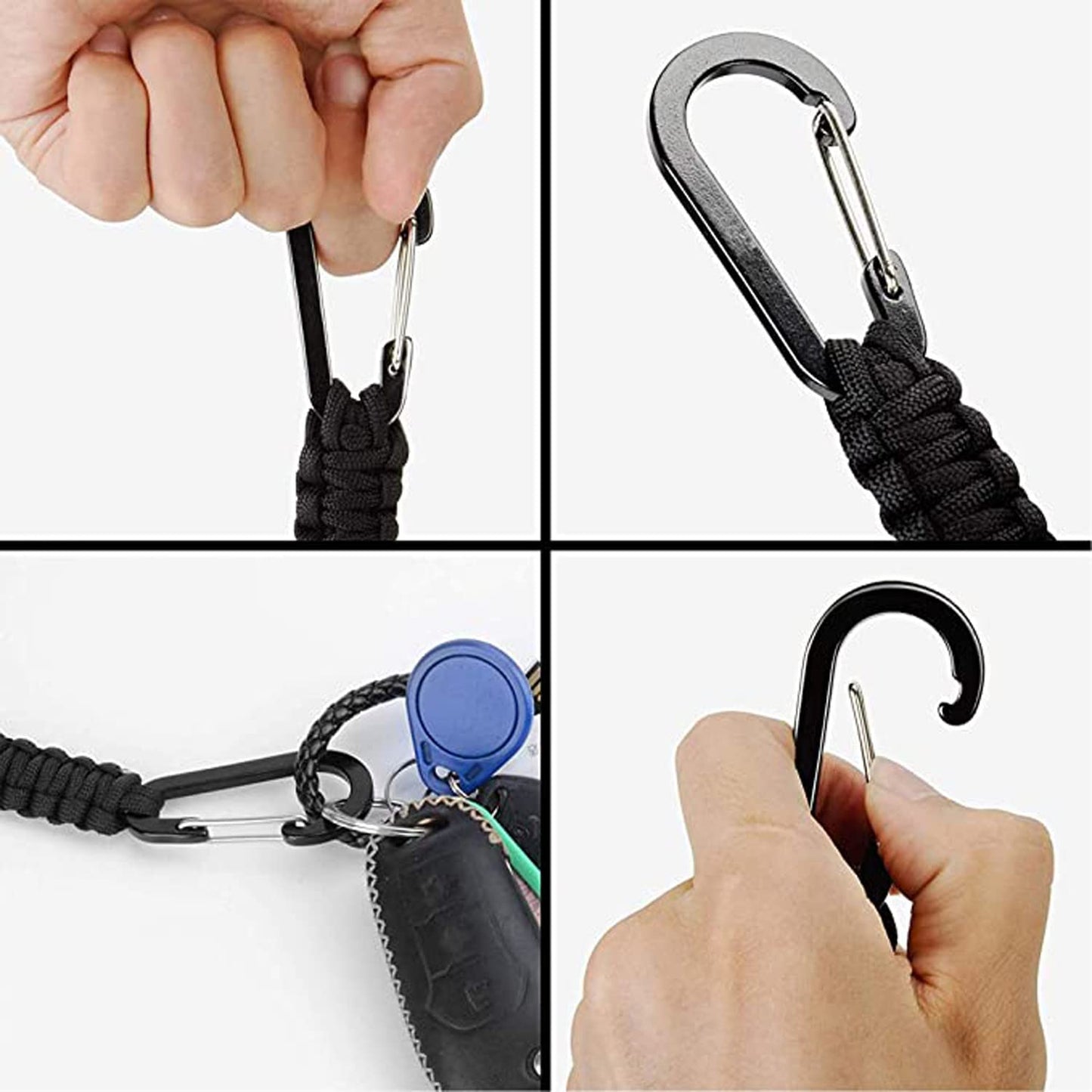 BRAVESHINE Keychain Hook with Paracord Strap 2 Pack Black Metal Key Ring Carabiner Hanger Para Cord D Locking Keyring Clip for Keys, Backpacks, Boys, Girls, Men, Women, Camping, Hiking, Travailing