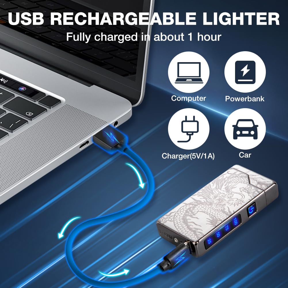 Electric Arc Plasma Lighter Portable, Rechargeable USB Lighter Windproof and Flameless for Outdoor Camping and Hiking, Cool Dragon Lighters for Men, Gifts for Him Men Father (Black)