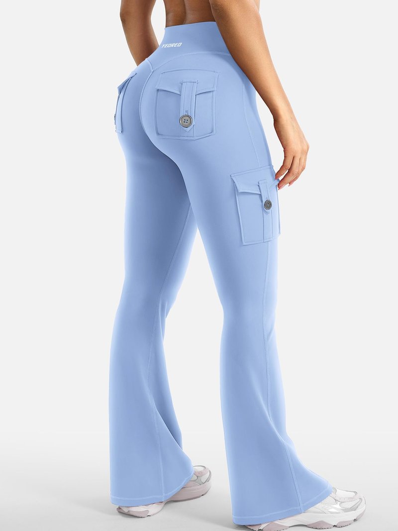 YEOREO CoreFlex Women Workout Flare Leggings with Pockets Hidden Scrunch High Waisted Cargo Gym Yoga Leggings Light Blue S
