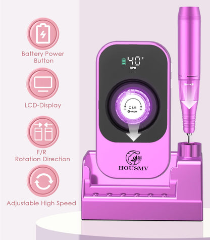 Portable Nail Drill Electric File: 40000RPM Professional Rechargeable Nail E-File Machine, Cordless Nail Drill with Bits & Base for Acrylic Nails Remove Nail Gel Polish Manicure for Salon Home, White