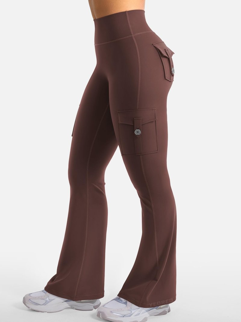 YEOREO CoreFlex Women Workout Flare Leggings with Pockets Hidden Scrunch High Waisted Cargo Gym Yoga No Front Seam Leggings Chocolate XS