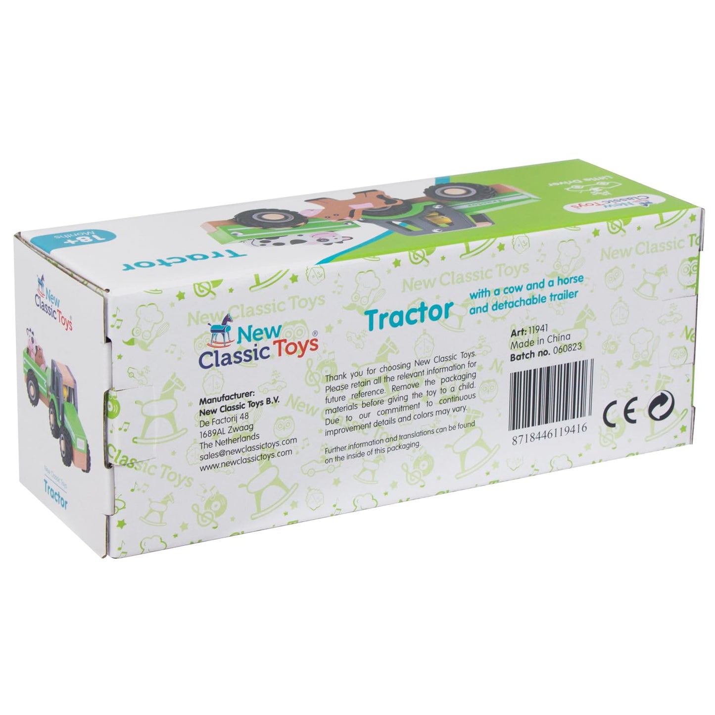 New Classic Toys - Houten speelgoed - Houten tractor met aanhanger, Green