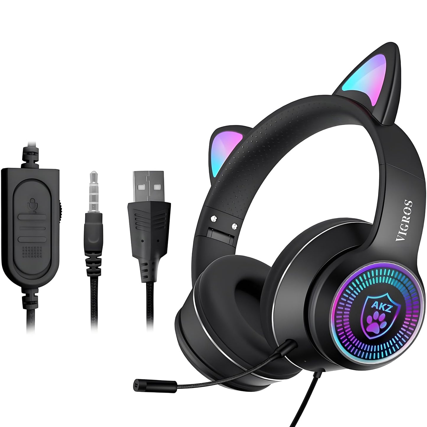 Cat Ear Gaming Headphones Wired AUX 3.5mm with LED Light, VIGROS Flashing Stereo Game Headphones Surround Sound Over-Ear Headsets with Microphone Fit Kids & Adult for PC, PS4, Switch, Mobile, Laptop