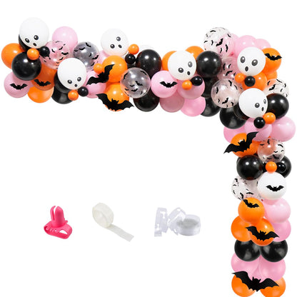 100Pcs Girls Halloween Balloons Arch Garland Kit, Pink Black Orange Halloween Balloons Arch Skull Balloons Bats Stickers for Halloween Theme Baby Shower Birthday Halloween Spooky Party Decorations