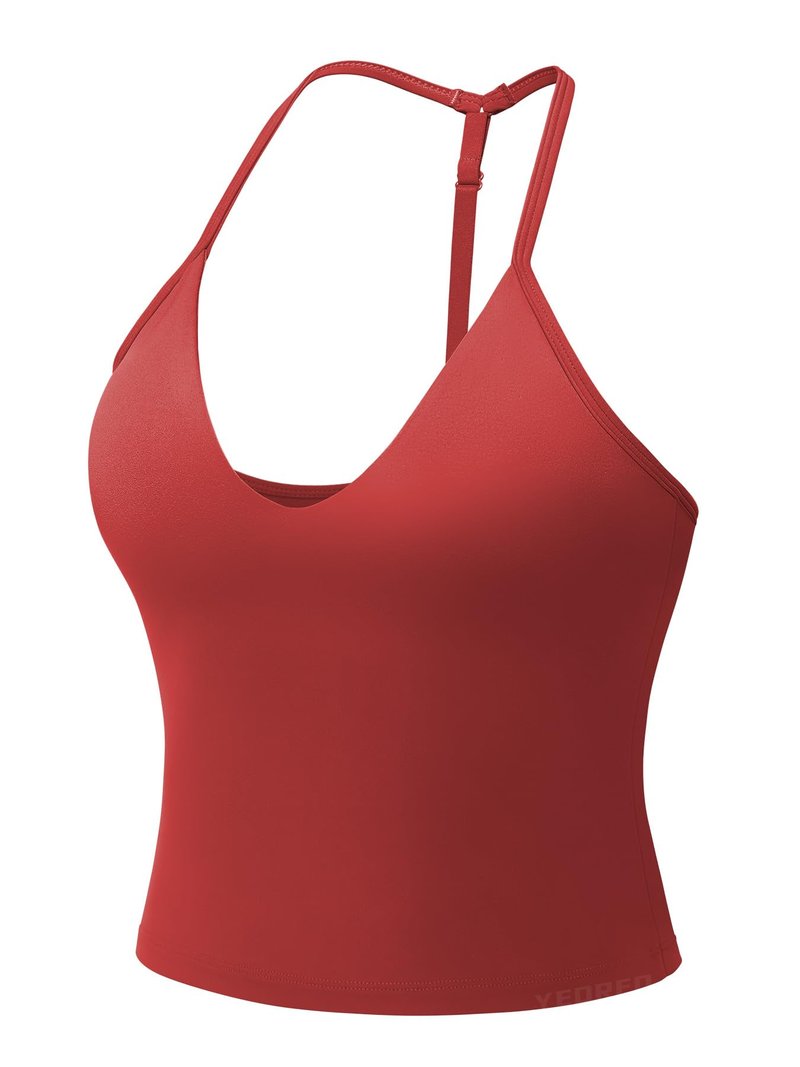YEOREO CoreFlex Women's Impact Halter Tank Top Strappy Padded Open Back Deep V Neck Built-in Bra Workout Gym Crop Tops Maroon XL