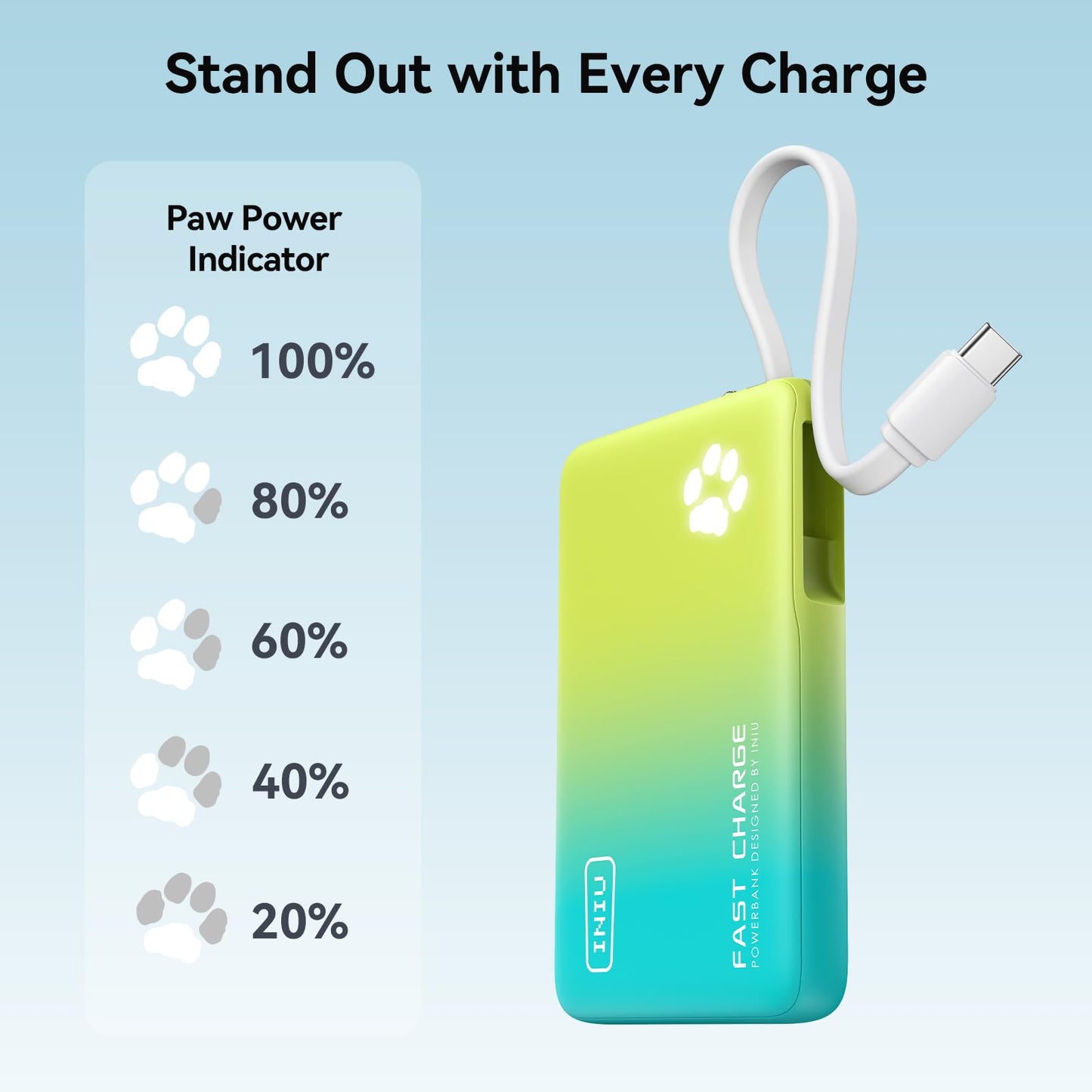 INIU 45W Portable Charger, 10000mAh Built-in USB C Cable Fast Charging Power Bank, Small Type C Battery Pack, Powerbank for iPhone 17 16 15 14, iPad, Samsung S25 S24 etc. Travel Camping Essentials