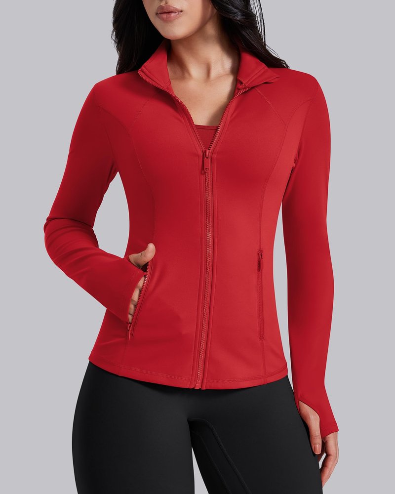AVGO Womens Workout Jackets Lightweight Athletic Zip Up Jacket Slim Fit Running Gym Top with Pockets & Thumb Holes(Red, XS)