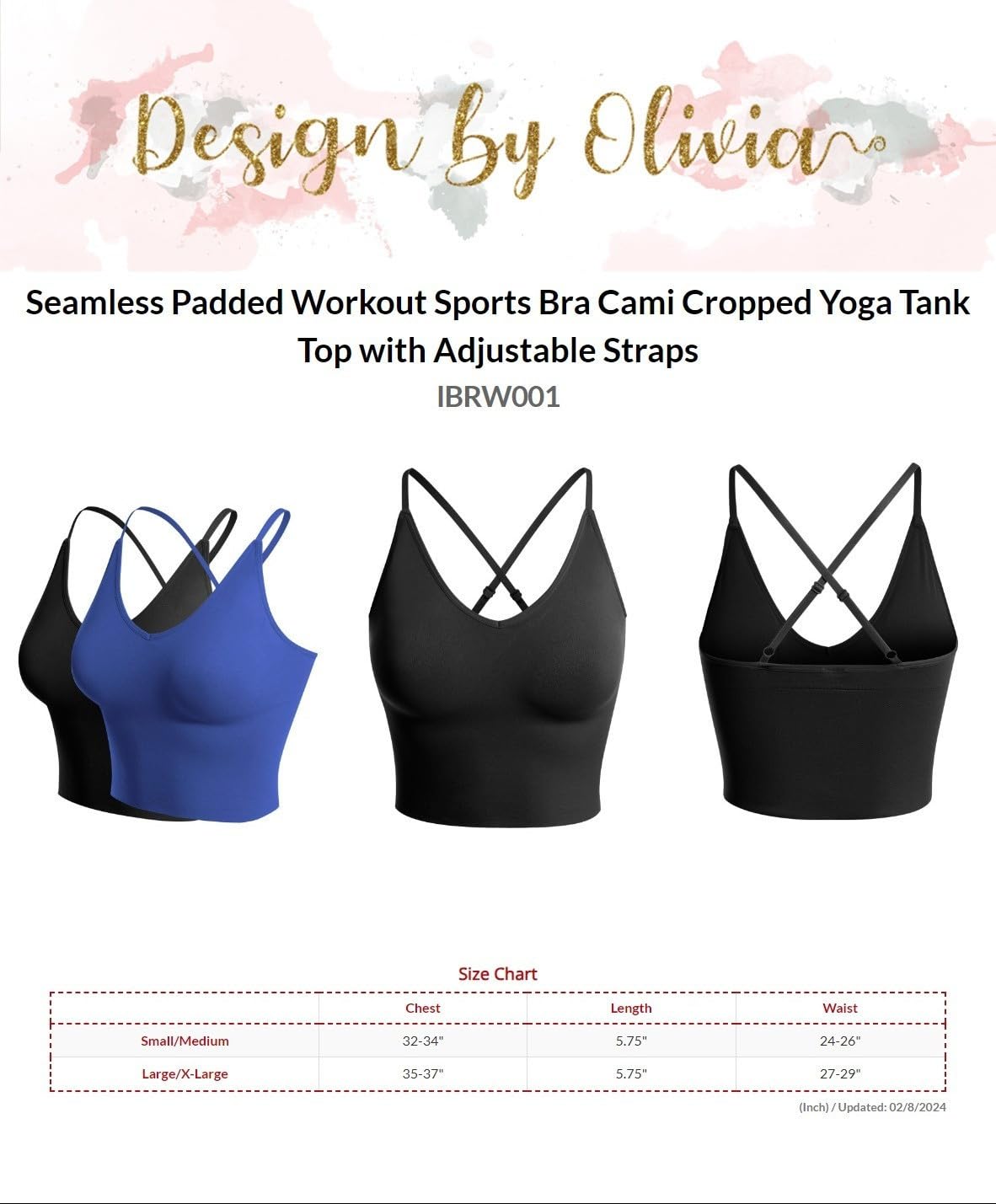 Design by Olivia Women's Seamless Padded Workout Sports Bra Cami Cropped Yoga Tank Top with Adjustable Straps Lavender LX