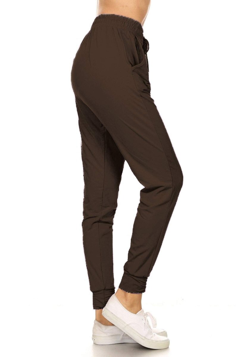Leggings Depot Womens Relaxed fit Jogger Pants - Track Cuff Sweatpants with Pockets, Brown, Large