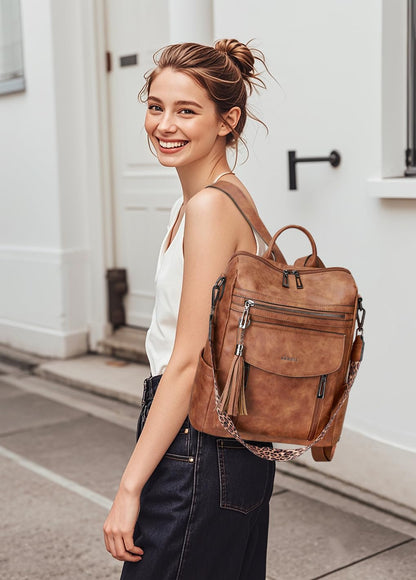 Shrrie Leather Backpack Fashion Backpack Purse Designer Small Travel Backpack Convertible Shoulder Bag with Wristlet for Work College