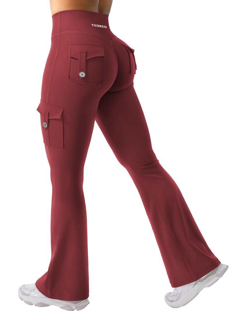 YEOREO CoreFlex Women Workout Flare Leggings with Pockets Hidden Scrunch High Waisted Cargo Gym Yoga No Front Seam Leggings Anchor Red M
