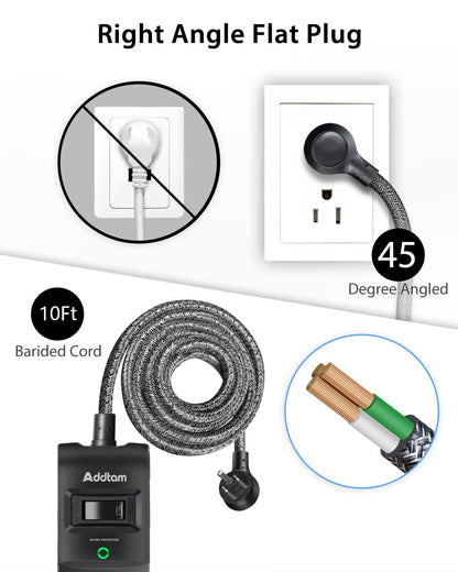 2 Pack Power Strip Surge Protector - 5 Widely Spaced Outlets 3 USB Charging Ports, 1875W/15A 6Ft Braided Extension Cord, Flat Plug Overload Protection, Wall Mount for Home Office Dorm Room Essentials