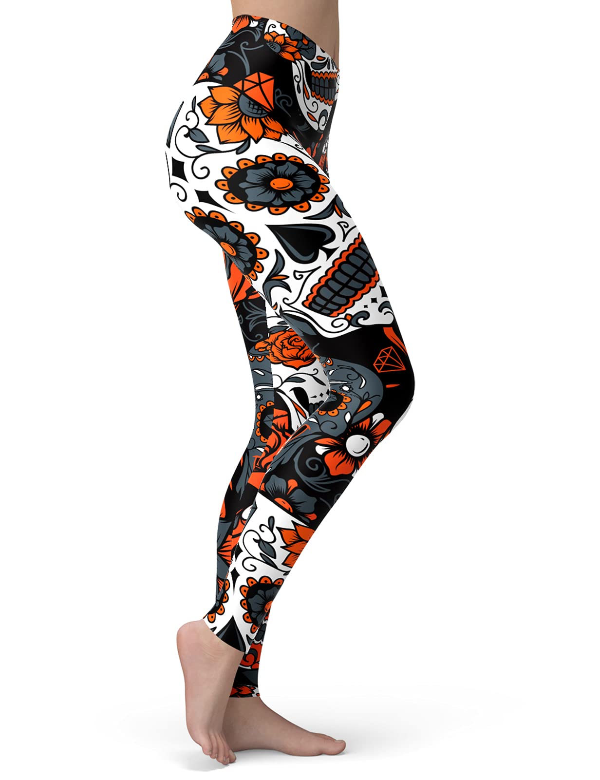 sissycos Women's Sugar Skull Leggings Buttery Soft Rose Printed Halloween Stretchy Pants (Large, Orange)
