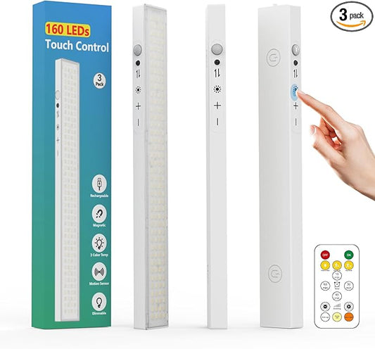 160LEDs Touch-Control Under Cabinet Lighting w/4000mAh Battery, Cordless Motion Sensor Under Counter Lights for Kitchen, Magnetic Rechargeable Closet Lights - 3Pack/White, 2025 Fall