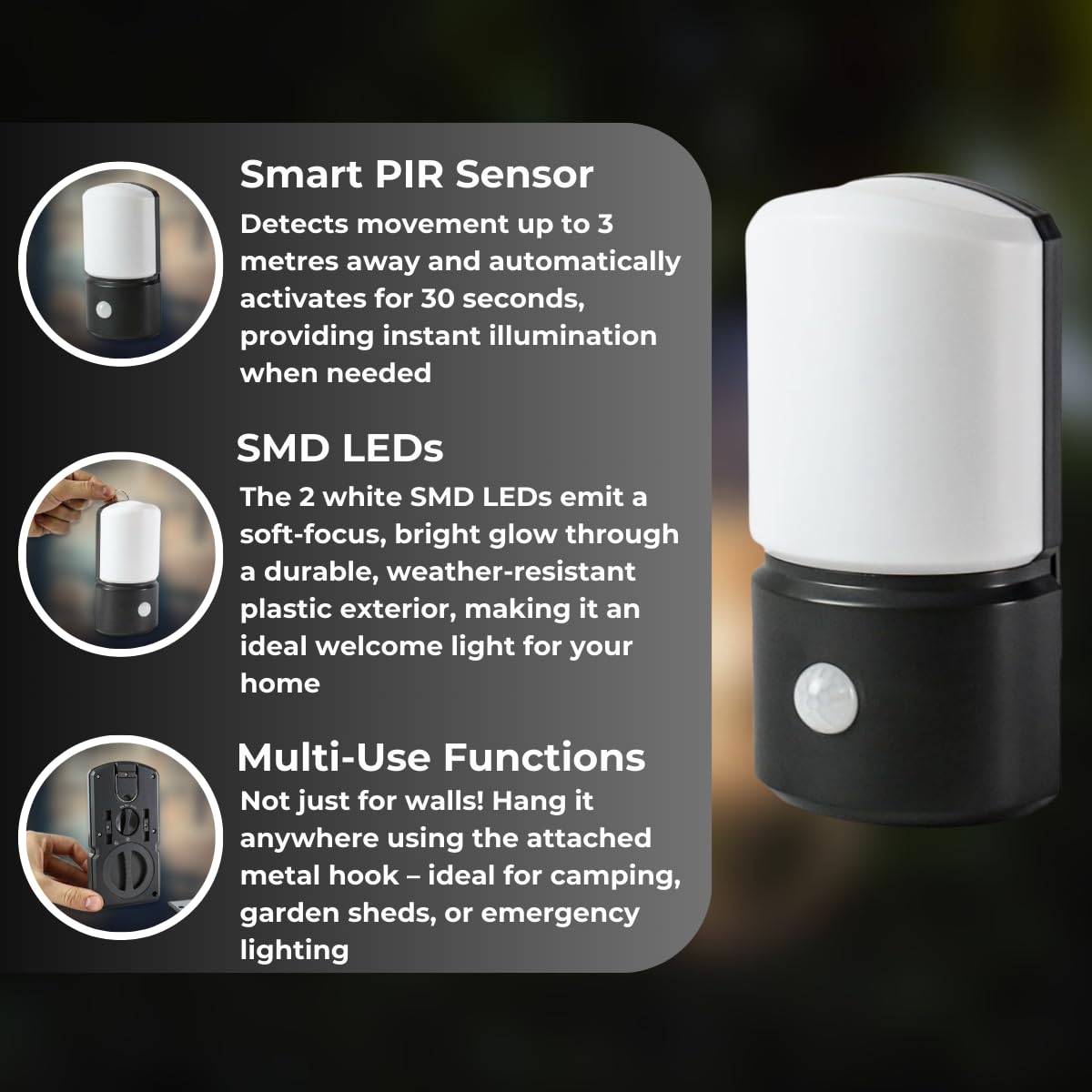 Festive Lights - 15.5cm Battery Powered PIR Motion Sensor Wall Light – Outdoor IP44 Weather Resistant, 2 White SMD LEDs – Security & Welcome Lighting for Gardens, Doorways, Home Entrances & Camping