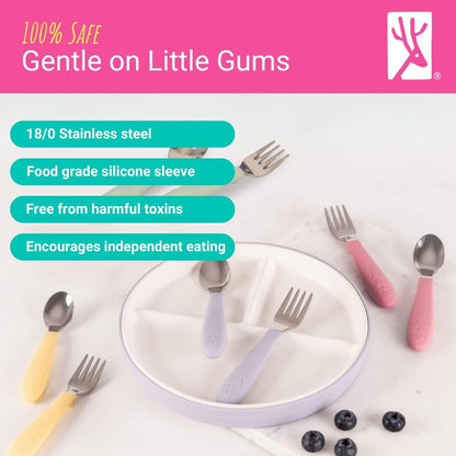 Elk and Friends Kids Silverware with Silicone Handle | Childrens Safe Flatware | Toddler Utensils | Baby Spoons + Forks | Stainless Steel Cutlery