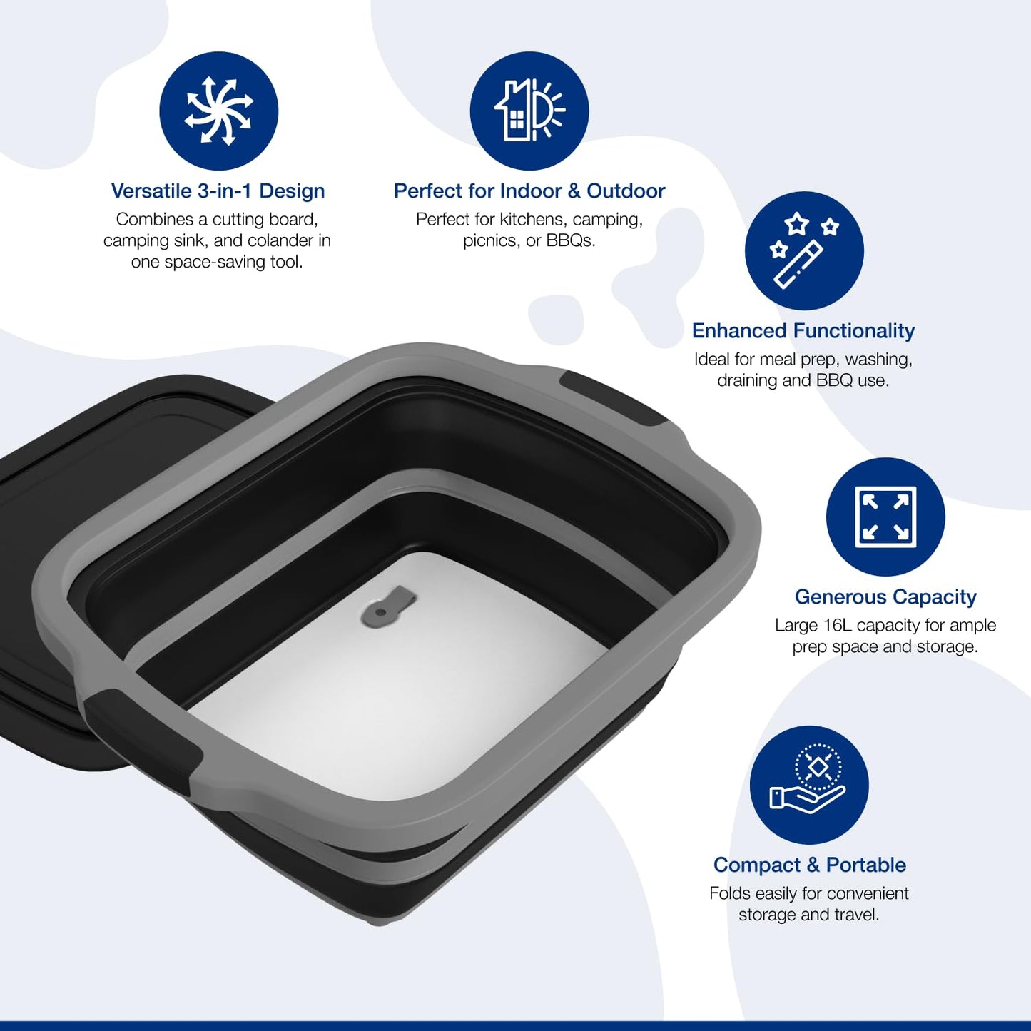 2-Pack XL Collapsible BBQ Prep Tub with Built-In Cutting Board, Lid & Strainer – Marinate, Drain & Prep – Large Food-Safe Container – Perfect for Grilling, Smoking & Outdoor Cooking