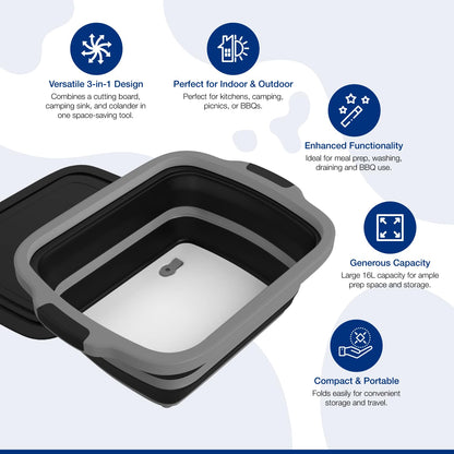 2-Pack XL Collapsible BBQ Prep Tub with Built-In Cutting Board, Lid & Strainer – Marinate, Drain & Prep – Large Food-Safe Container – Perfect for Grilling, Smoking & Outdoor Cooking