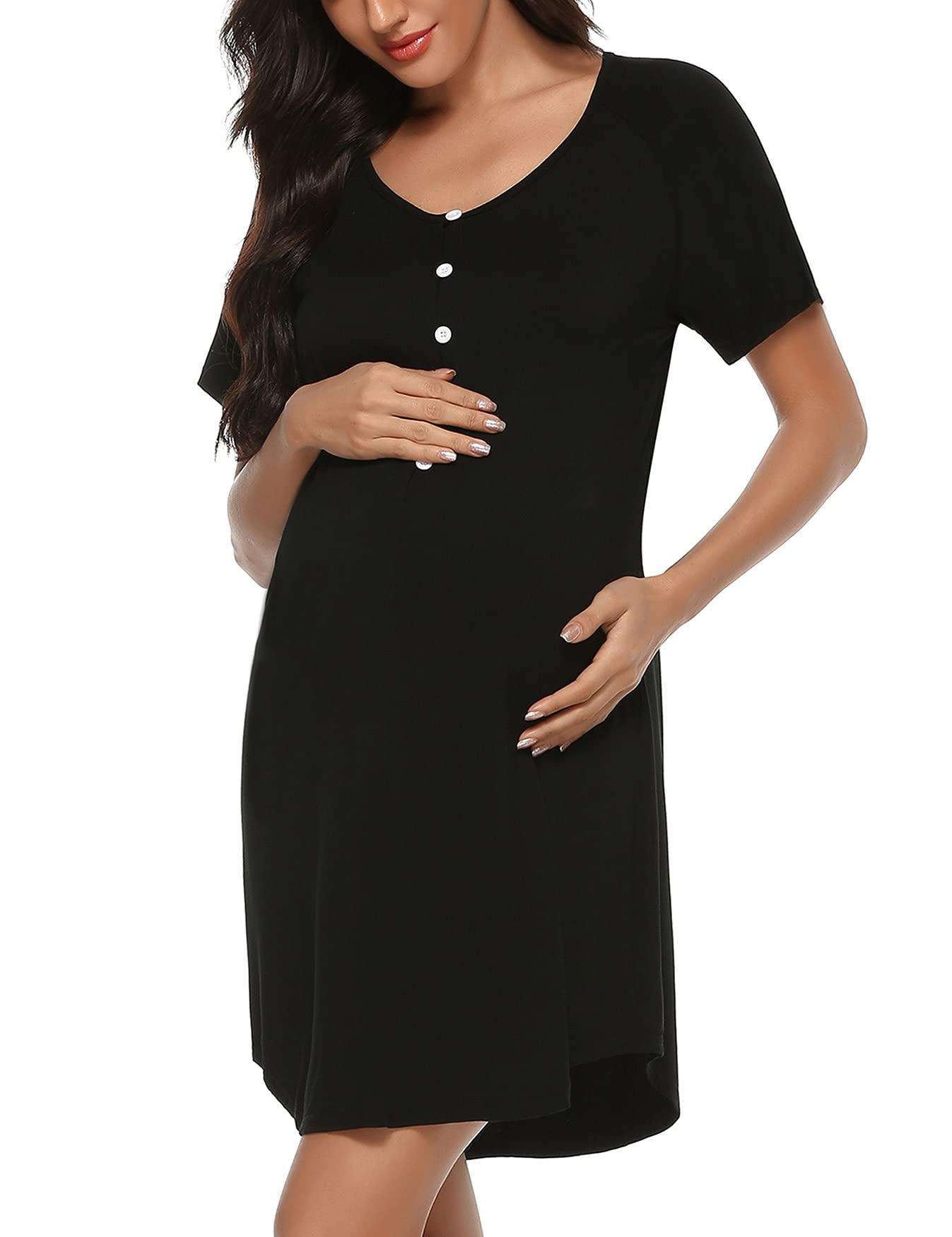 Uniexcosm Women's Maternity Nightdress Button Breastfeeding Nightwear Soft Nursing Nightgown for Pregnancy Short Sleeve Maternity Pyjamas Loungewear Black