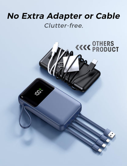 Power Bank, 15000mAh Portable Charger with Built in Cable, 22.5W Fast Charging, 6 Outputs, Slim Travel Essential Battery Pack with LED Display, Compatible with iPhone 17/16/15/14/13, Samsung, iPad