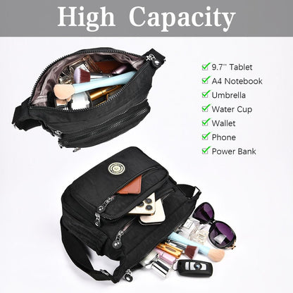Aucuu Women's Multi-Pocket Casual Crossbody Bag, Multifunctional Travel Bag with Adjustable Shoulder Strap, Nylon Lightweight and Waterproof, for Shopping, Hiking, Everyday Use