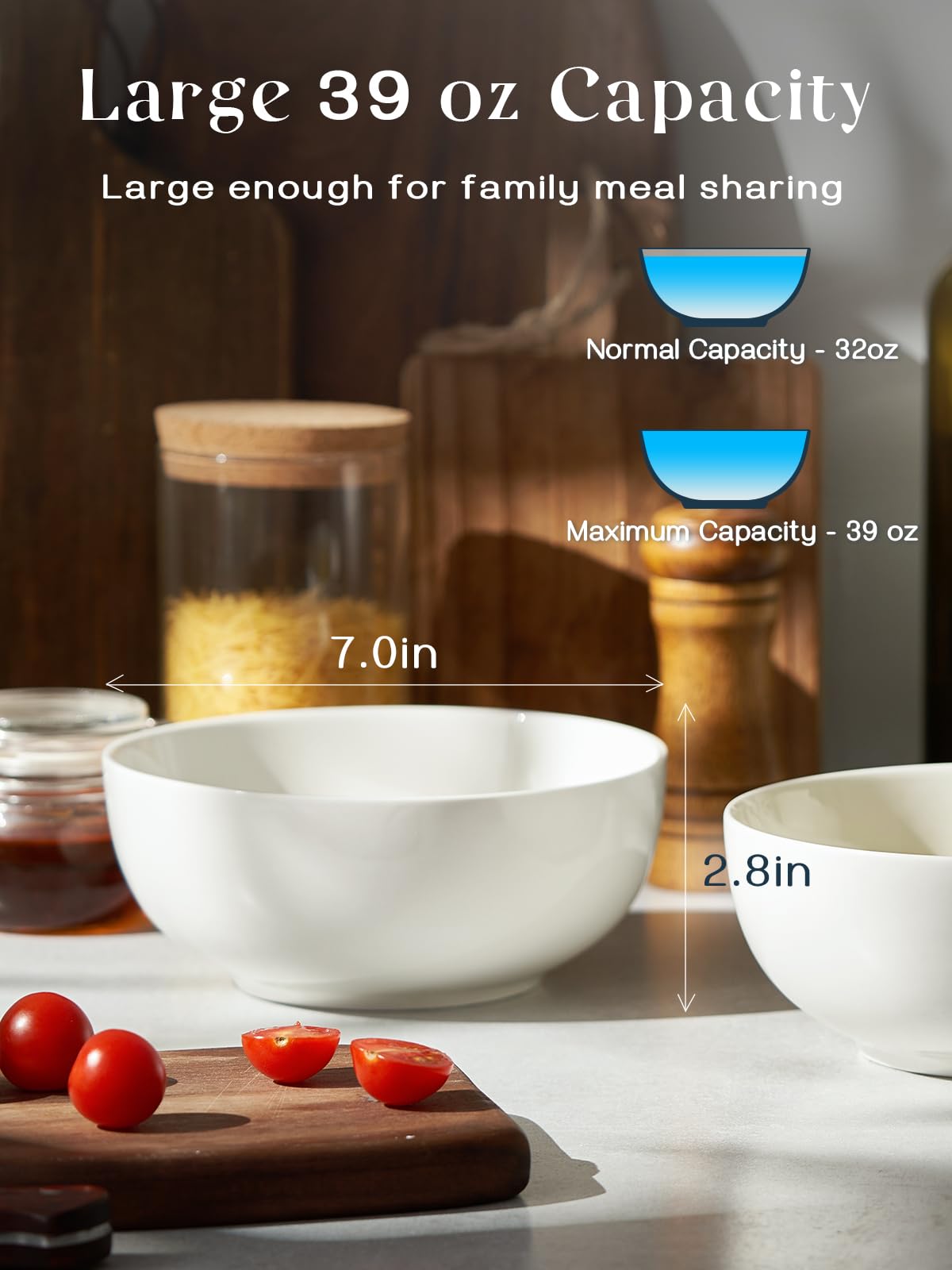 DOWAN 39 OZ Large Deep Bowls Set of 4 - White Ceramic Bowls for Ramen, Pasta, Salad, Mixed Fruit - Dishwasher & Microwave Safe (Soft White)