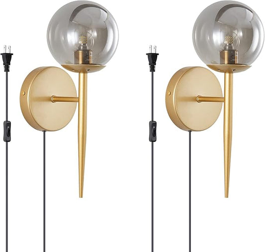 BOKT 2-Light Plug in Wall Sconce with Smoky Gray Glass Shade Modern Globe Wall Sconce Bedside Lamp for Bathroom Bedroom Corridor
