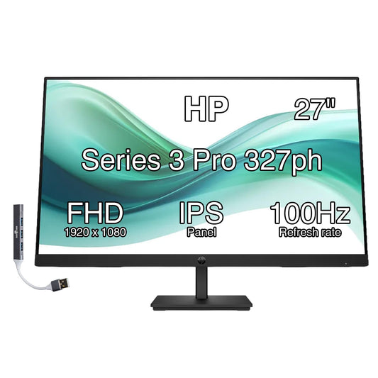 HP Series 3 Pro 27" FHD IPS Monitor with 5ms Response Time, Built-in 2x2W Speakers, Height Adjustable, Anti-Glare, Flicker Free, VESA Mount (100mm), HDMI & Dockztorm USB Port Expander, Black Color