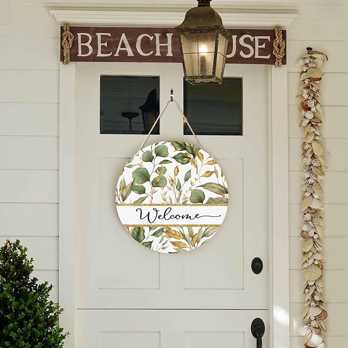 Welcome Sign for Front Door Decor Wreath Tropical Flowers Plants 12 Inch Farmhouse Wood Wall Hanging Outdoor Home Porch Decorations